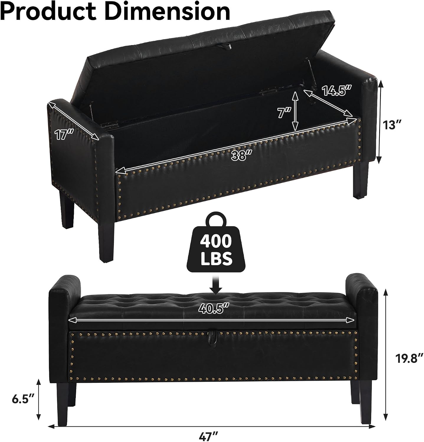 WUTUTUEE 47" Modern Water-Resistant Faux Leather Storage Ottoman Bench with Wooden Legs, Upholstered End of Bed Bench for Bedroom, Living Room or Entryway, Black