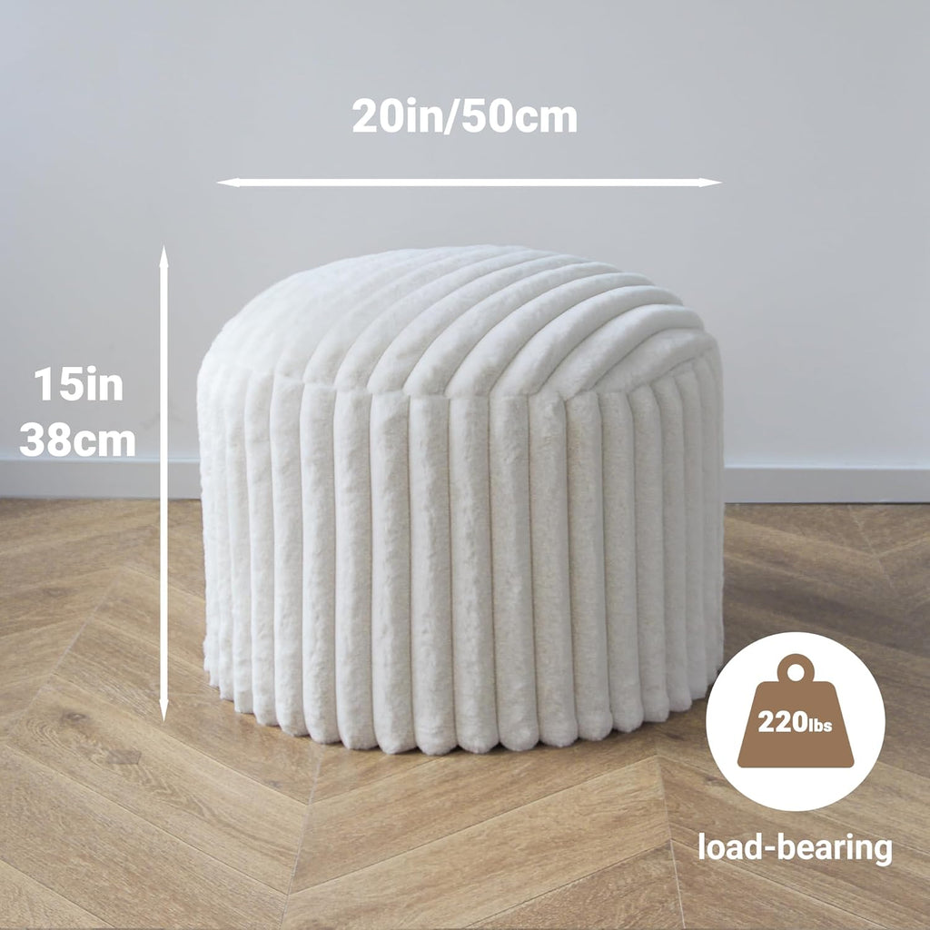 Round Stuffed Pouf Ottoman, Stripe Faux Fur Footrest, Solid Block Support+Soft Cushion Comfort, Removable Washable Cover, 20" Floor Pouf for Living Room Bedroom Dorm Vanity, Cream Beige