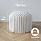 Round Stuffed Pouf Ottoman, Stripe Faux Fur Footrest, Solid Block Support+Soft Cushion Comfort, Removable Washable Cover, 20" Floor Pouf for Living Room Bedroom Dorm Vanity, Cream Beige