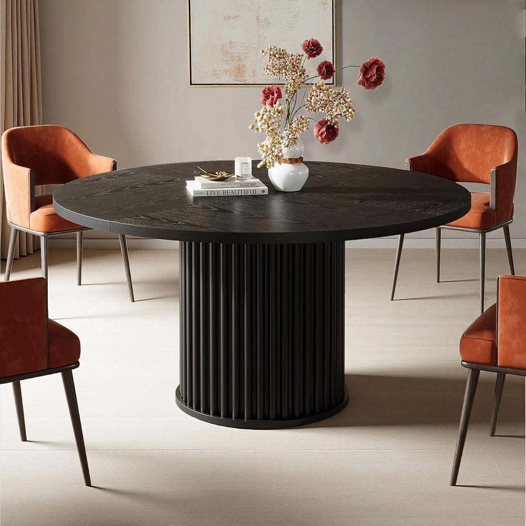 Oigavfd Black Round Dining Table for 4, 47" Circle Dining Table,with MDF Top and Fluted Base,Round Kitchen Tables,Sturdy 300 Lbs for Family Gatherings