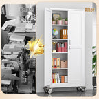 71" H Metal Pantry Storage Cabinet with Wheels,Rolling Kitchen Pantry Cabinet with 2 Doors and 4 Adjustable Shelves, Locker Steel Cabinet,Organization Cabinet for Garage,Home,Gym,School,White