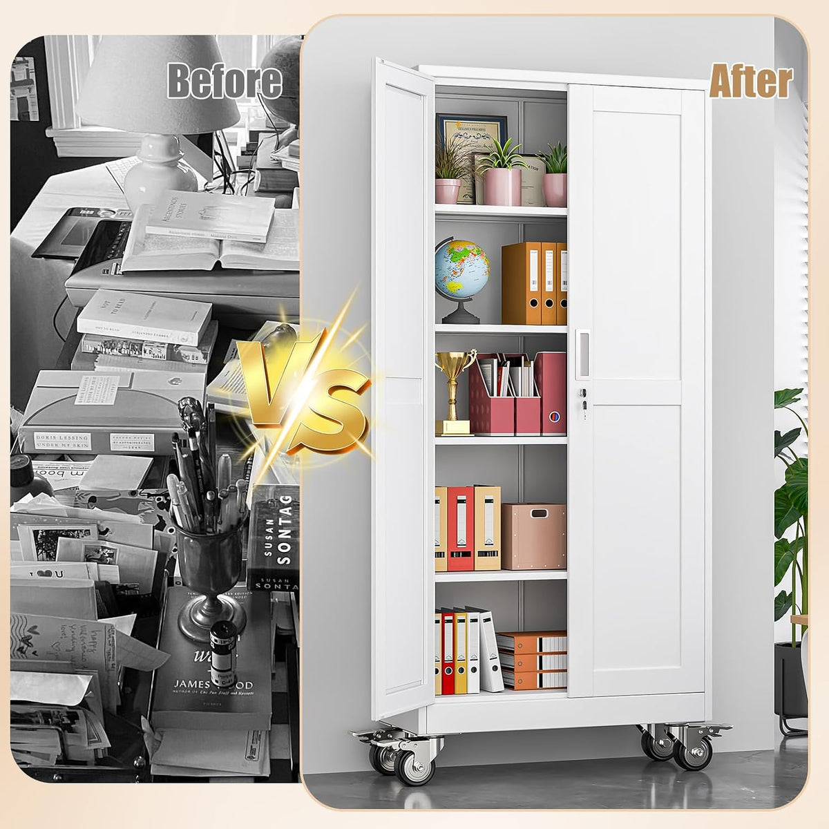 71" H Metal Pantry Storage Cabinet with Wheels,Rolling Kitchen Pantry Cabinet with 2 Doors and 4 Adjustable Shelves, Locker Steel Cabinet,Organization Cabinet for Garage,Home,Gym,School,White