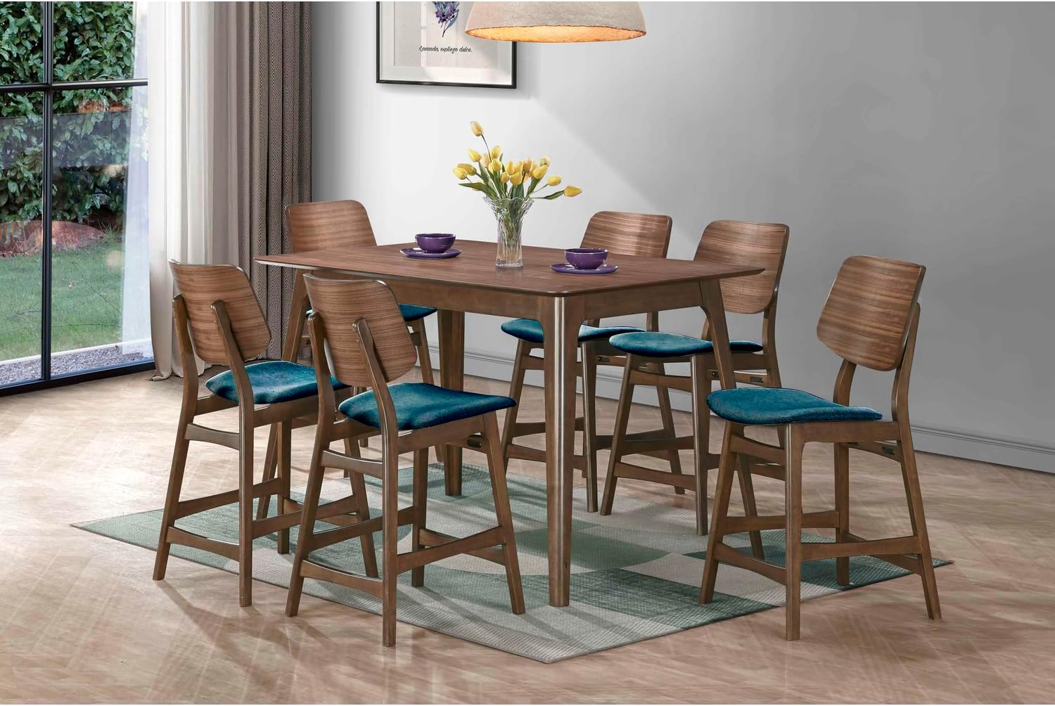 New Classic Furniture Oscar Wood Counter Chair with Teal Cushion (Set of 4), Walnut