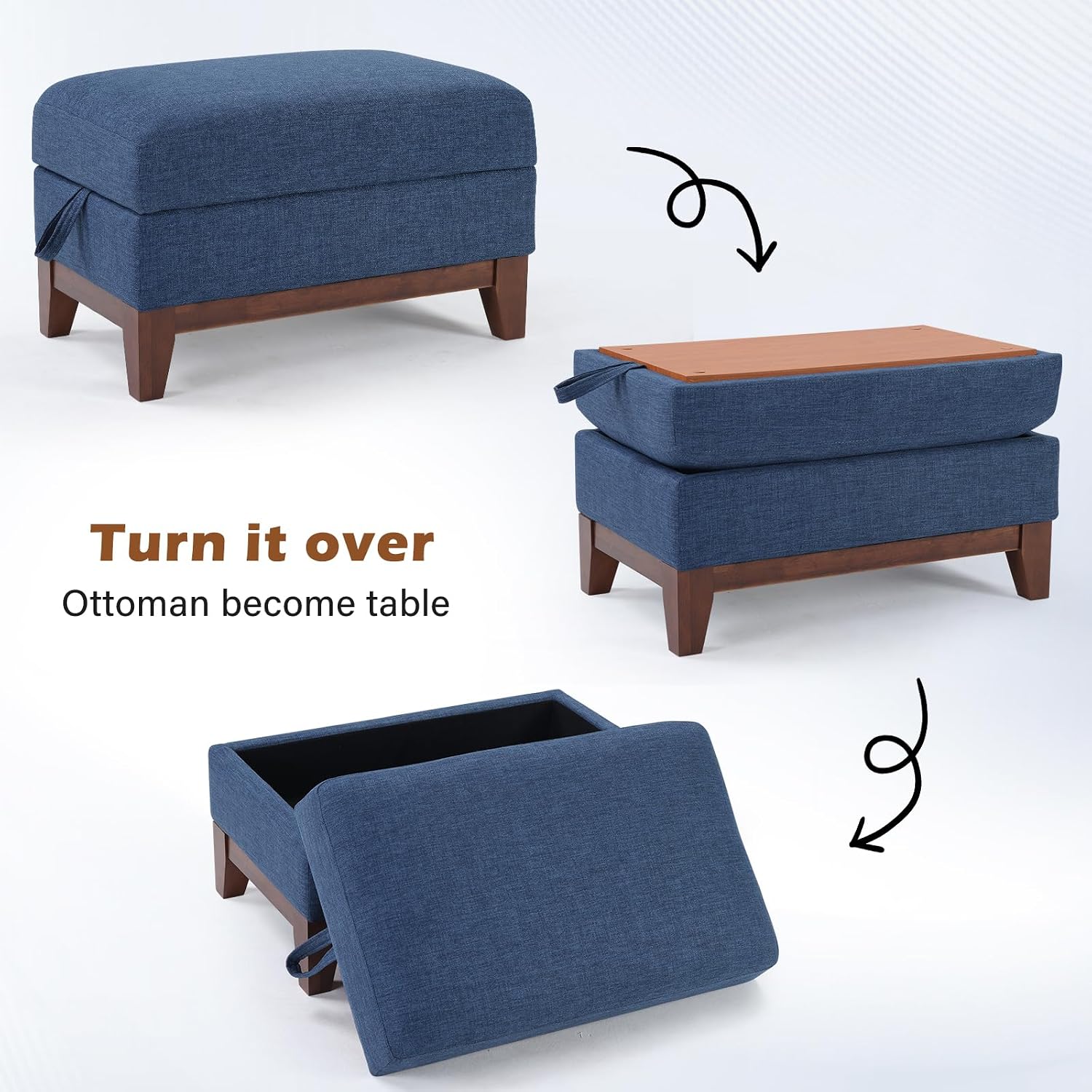 HAOMARKETS Storage Ottoman with Flip-Top Table, Upholstered Soft Fabric Footrest with Storage Space, Stylish Coffee Table with Solid Wood Legs for Living Room, Bedroon,Blue