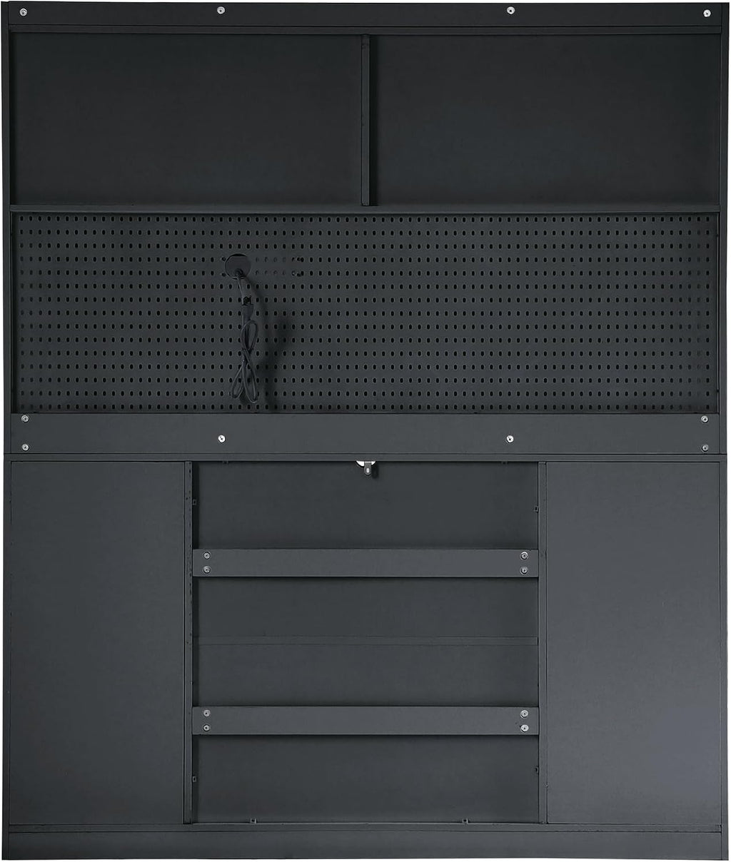 Freestanding Kitchen Pantry Cabinet with Hutch, Large Coffee Bar Storage Cabinet with Adjustable Shelves, Drawers, Pegboard, Towel Rack and Power Outlet (Black)