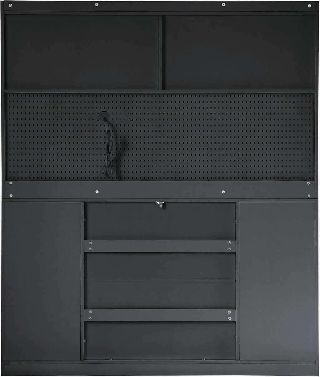Large Pantry Cabinet with Hutch and Adjustable Shelves, Freestanding Coffee Bar Storage Cabinet with Drawers, Pegboard and Power Outlet for Kitchen, Dining Room (Black)