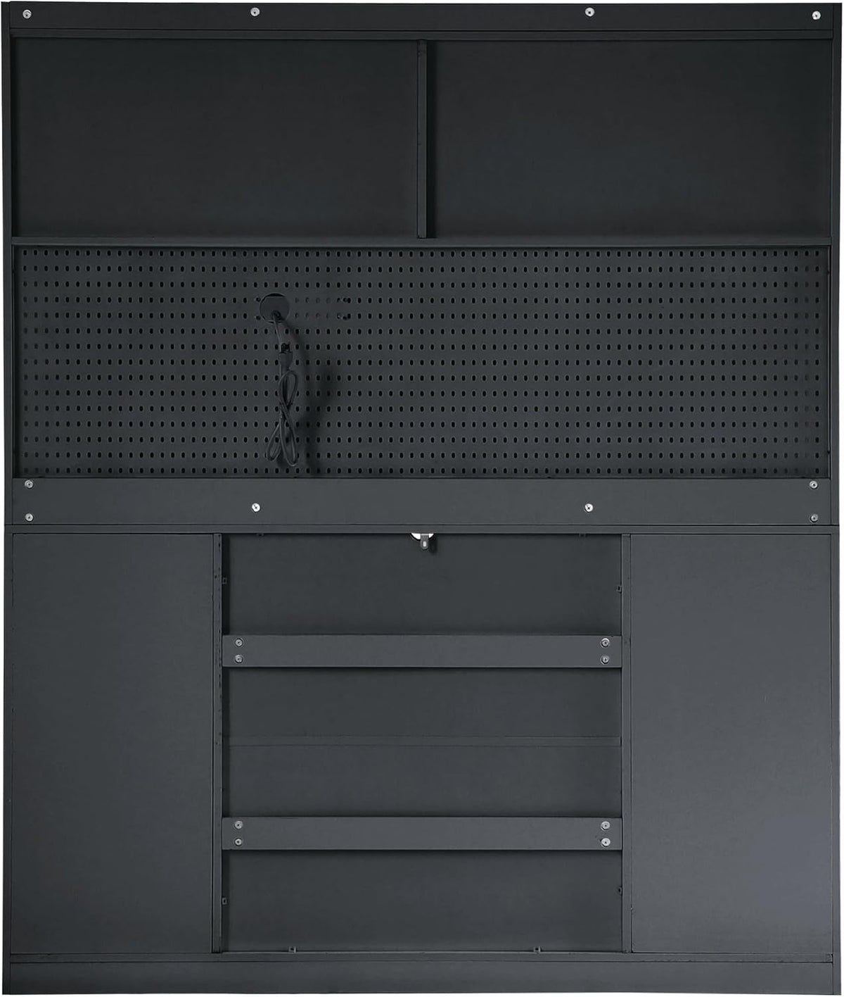 Large Pantry Cabinet with Hutch and Adjustable Shelves, Freestanding Coffee Bar Storage Cabinet with Drawers, Pegboard and Power Outlet for Kitchen, Dining Room (Black)