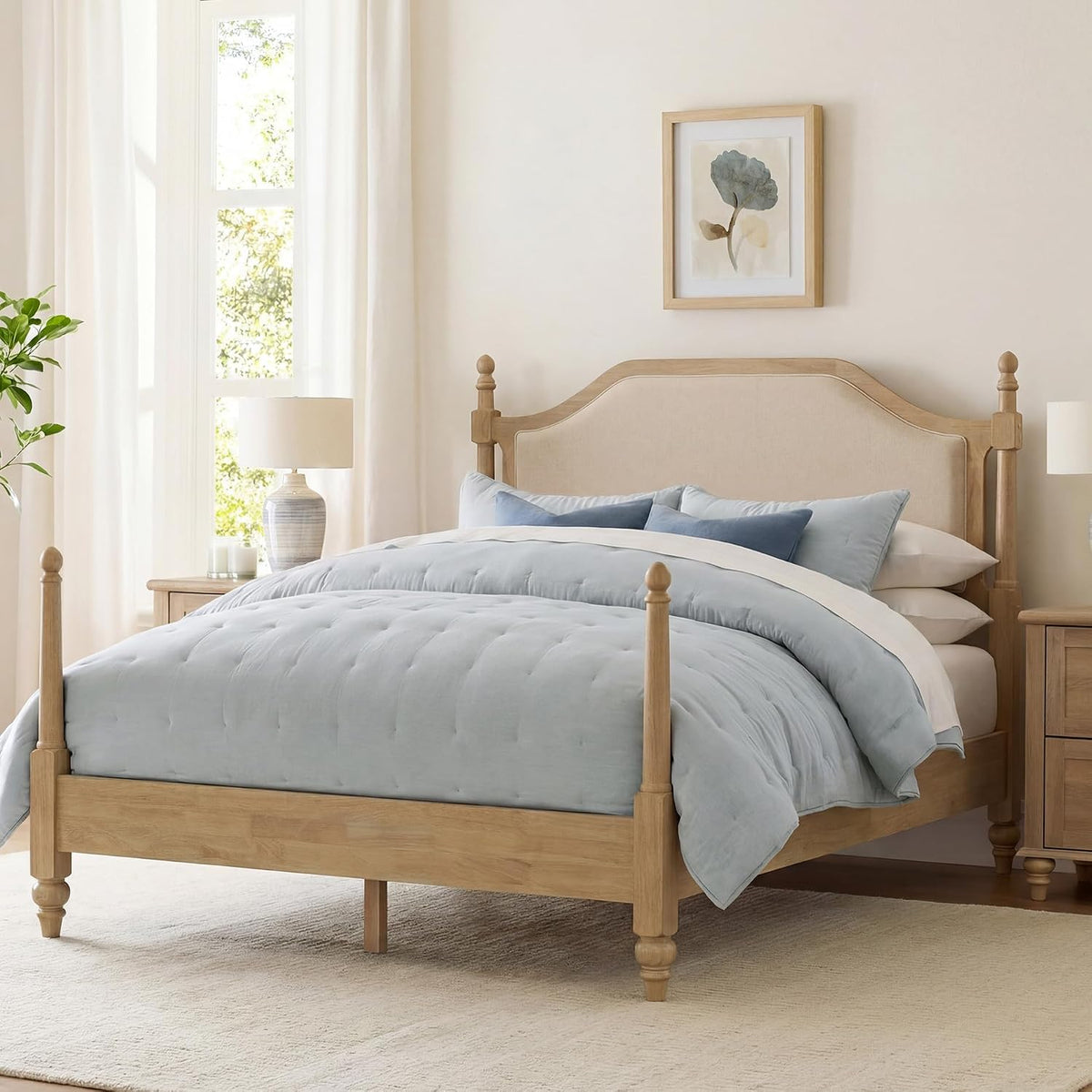 WAMPAT Queen Size Platform Bed Frame with Upholstered Headboard for Bedroom, Wood Bed Frames with Wooden Slat Support and Large Under Bed Storage, No Box Spring Needed, Easy Assembly, Oak