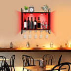 LED Wine Rack Wall Mounted, Wine Bottle Rack, 23.6In Metal Hanging Wine Holder with 5 Stem Glass Holders for Wine Glasses