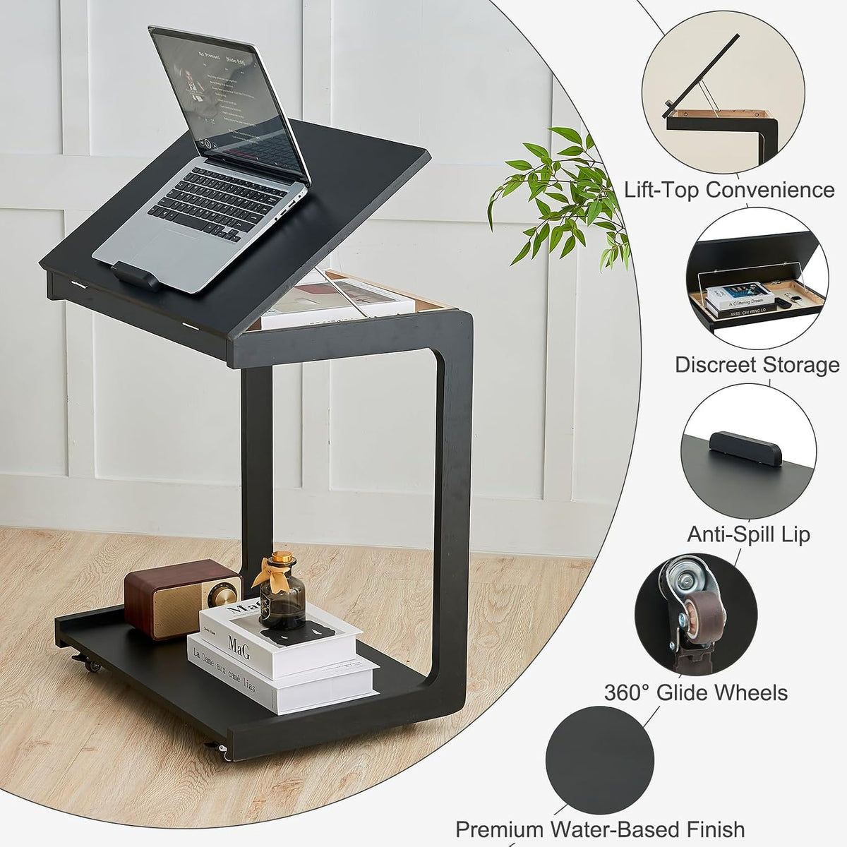 C-Shaped End Table with Wheels - Rolling Side Table for Couch, Solid Wood Modern Adjustable Angles Tv Tray Sofa Tables for Living Room, Bedroom, Home Office, Black, 15.4"D x 23.6"W x 24.8"H