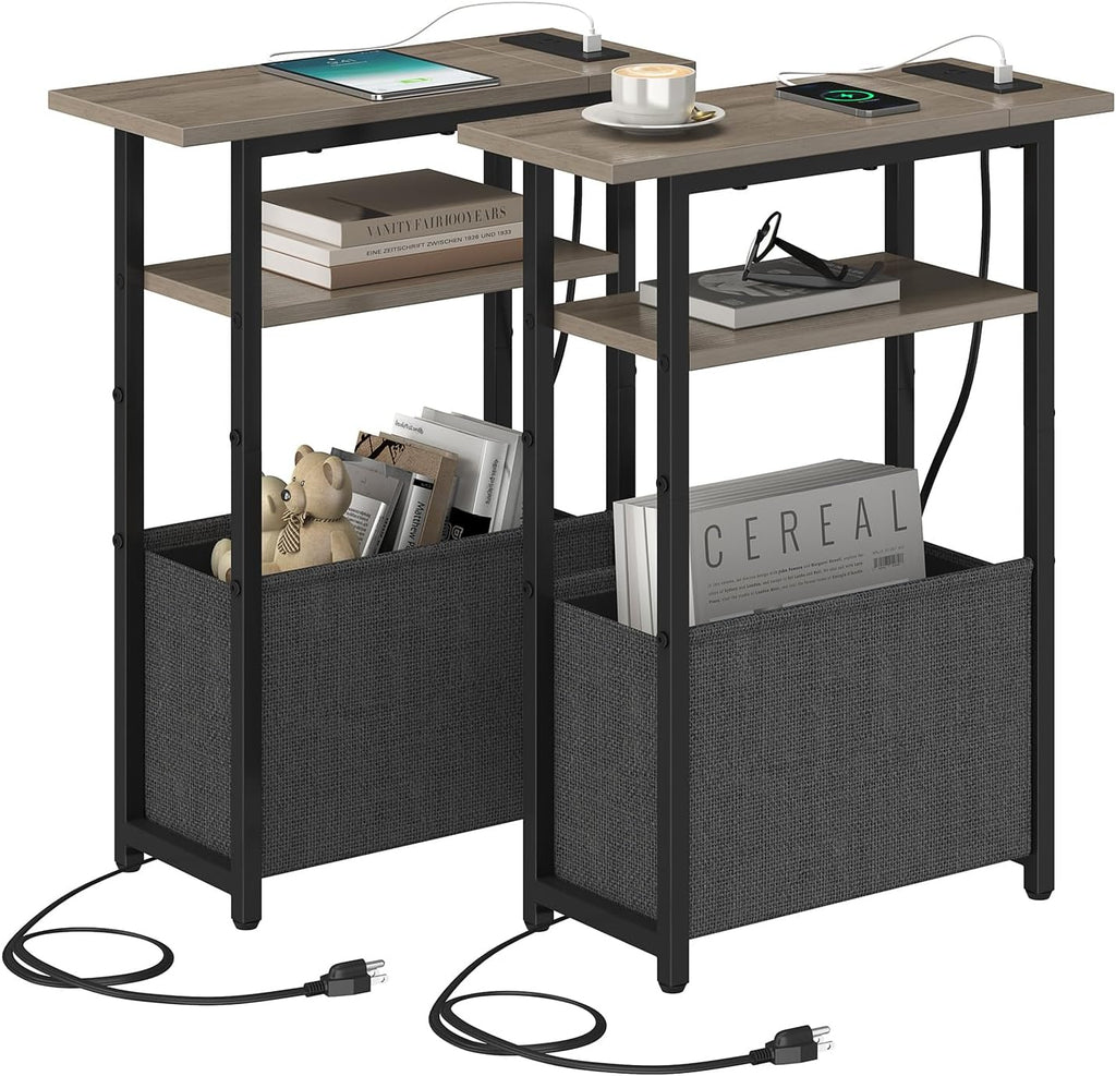 sthmec Narrow Side Table with Charging Station Set of 2, Small End Table for Small Spaces, Skinny Nightstands Set 2 with Storage Basket, 3 Tier Sofa Bedside Tables for Living Room,Bedroom, Grey