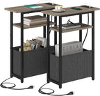 sthmec Narrow Side Table with Charging Station Set of 2, Small End Table for Small Spaces, Skinny Nightstands Set 2 with Storage Basket, 3 Tier Sofa Bedside Tables for Living Room,Bedroom, Grey