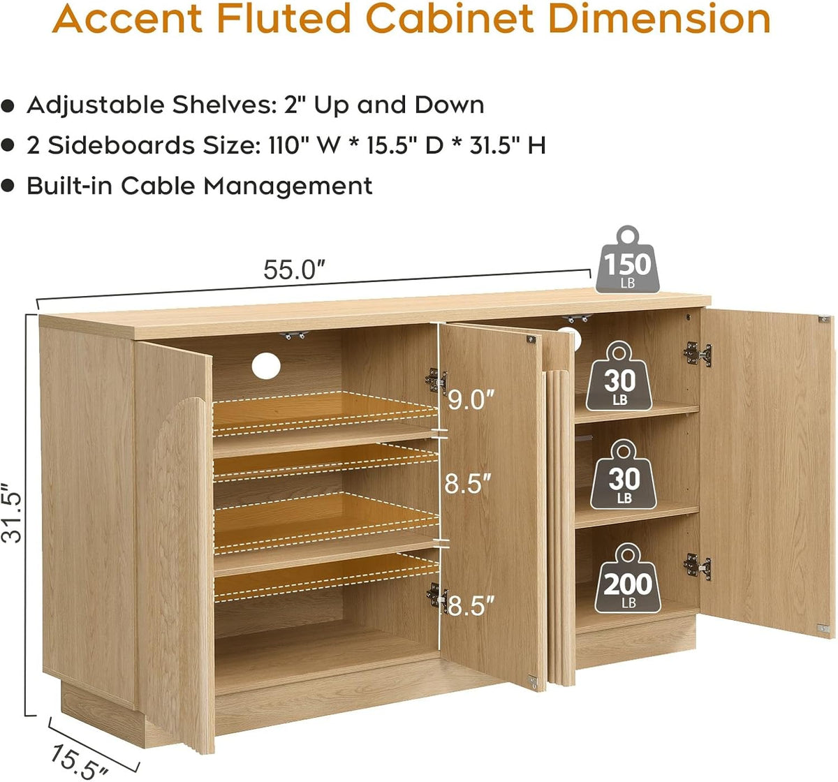 Yechen 110" Modular Fluted Sideboard Buffet Cabinet with Storage, Wood Mid Century Modern Credenza Cabinet w/Arched Reeded Doors & Adjustable Shelves for Kitchen, Living Room, Natural