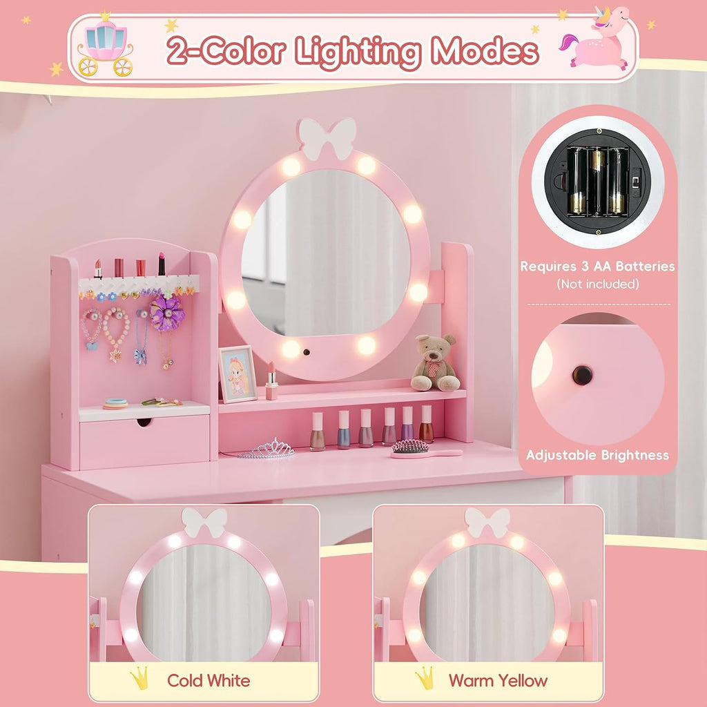 MU Kids Vanity Table and Chair Set – Princess Girls Vanity Set with Mirror, Lights, Jewelry Storage, and Cushioned Stool, Toddler Makeup Vanity for Little Girls (Pink)