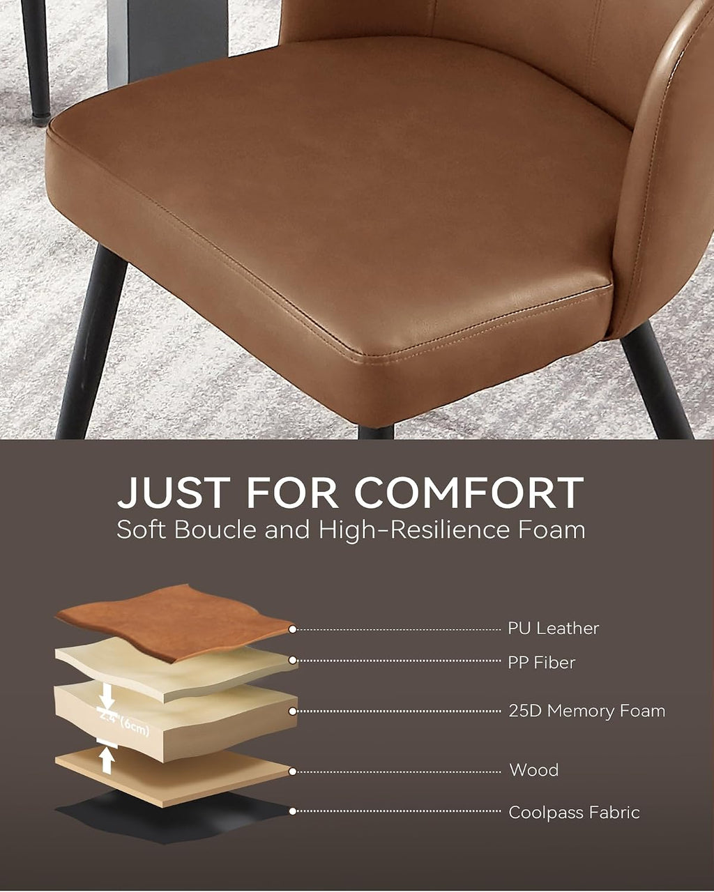BedsPick Dining Chairs Set of 2 - PU Leather Kitchen Chairs with Metal Legs, Mid-Century Modern Upholstered Dining Room Chair for Kitchen, Living Room, Caramel Brown