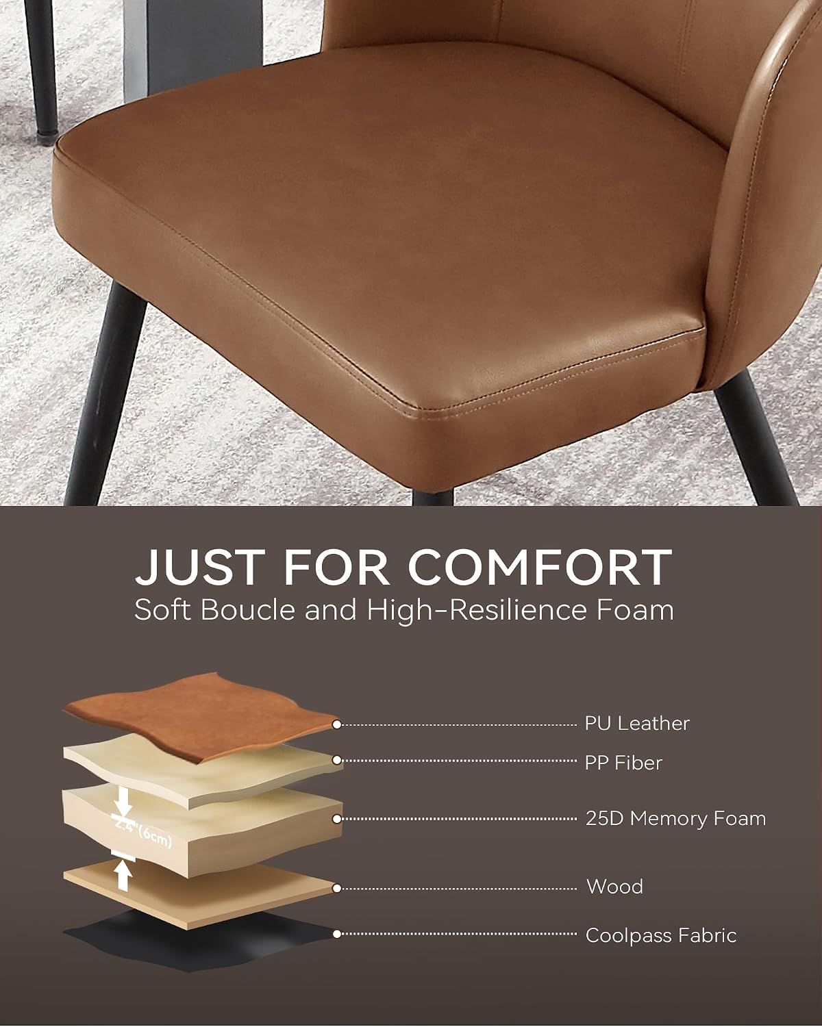 BedsPick Dining Chairs Set of 2 - PU Leather Kitchen Chairs with Metal Legs, Mid-Century Modern Upholstered Dining Room Chair for Kitchen, Living Room, Caramel Brown