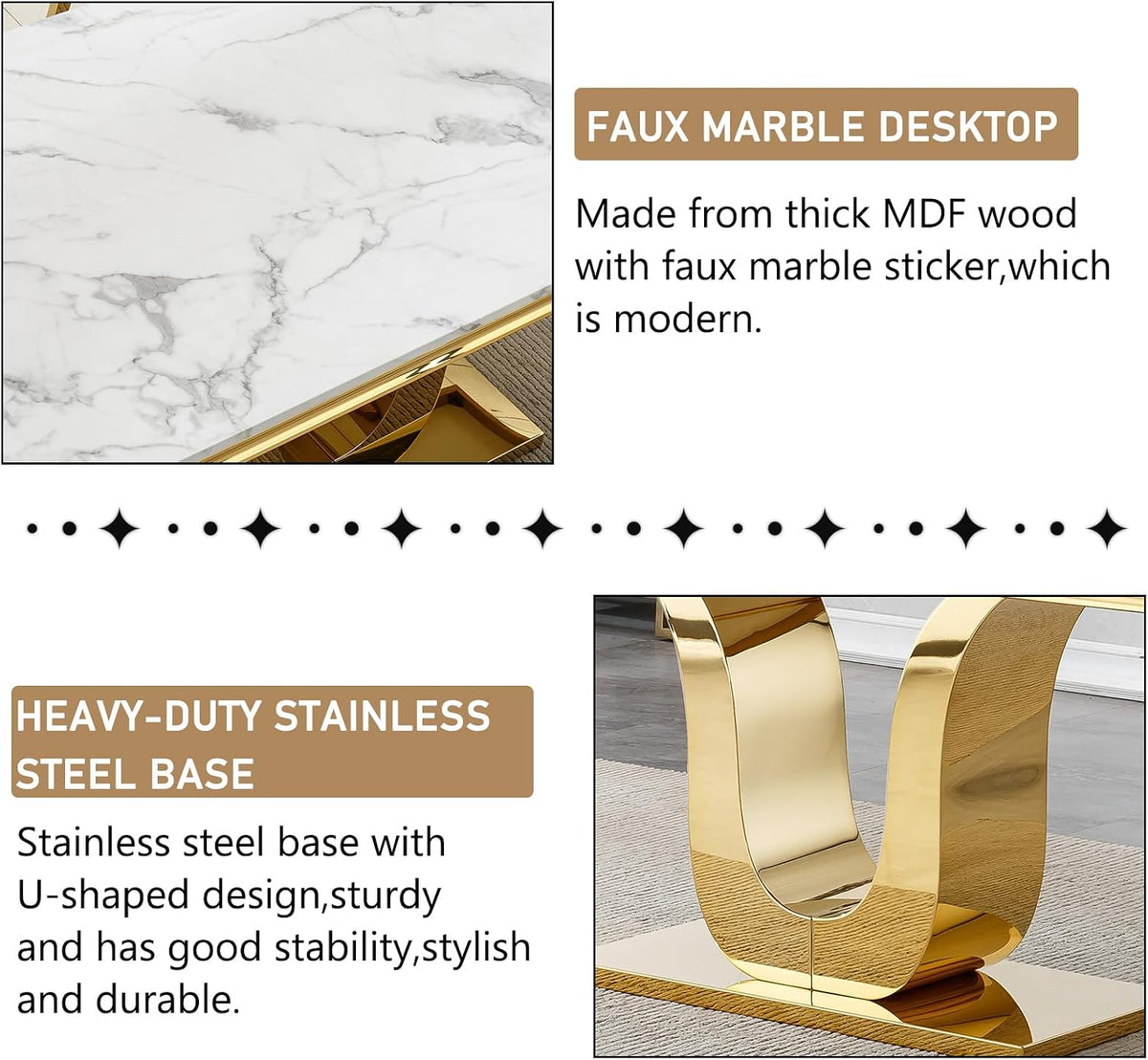 SSLine 68'' Marble Dining Table,Luxury Rectangular Kitchen Dining Room Table,Dining Table for 4-8 People with Gold U-Shape Stainless Steel Base for Kitchen Apartment