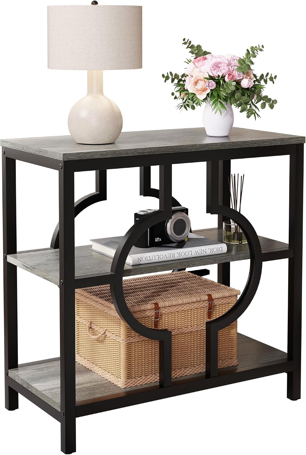 End Table, Narrow Side Table with 3-Tier Storage Shelves, Wood Sofa Side Table with Geometric Metal Frame for Living Room, Industrial Bedside Nightstand for Bedroom (1, Gray)