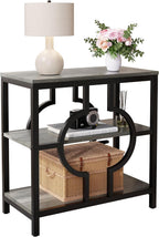 End Table, Narrow Side Table with 3-Tier Storage Shelves, Wood Sofa Side Table with Geometric Metal Frame for Living Room, Industrial Bedside Nightstand for Bedroom (1, Gray)
