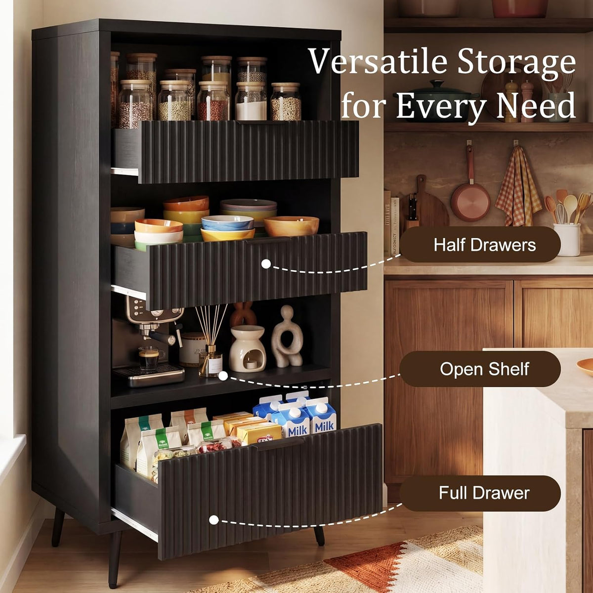 Bathroom Storage Cabinet Set of 2, 47.2" Wide 5-Tier Freestanding Pantry Cabinet with 6 Extra-Large Drawers & 2 Open Shelves, Fluted Floor Organizer Cupboard for Kitchen, Living Room, Anti-Tip, Black