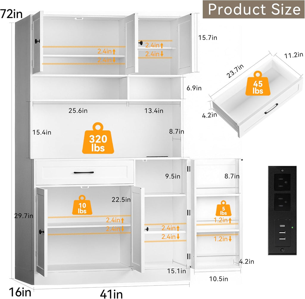 FJTJBSI 72" Kitchen Pantry Cabinet with LED Light and Charging Station Tall Pantry Storage Cabinet with Adjustable Shelves and Door Shelves Modern Kitchen Hutch with Microwave Stand and Countertop