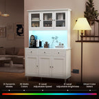 77" Large Kitchen Hutch with Charging Station, LED Pantry Cabinet with Microwave Shelf, Tall Cupboard with 4 Adjustable Shelves, 3 Drawers & Glass Doors, Dining Room Buffet with Hutch, White