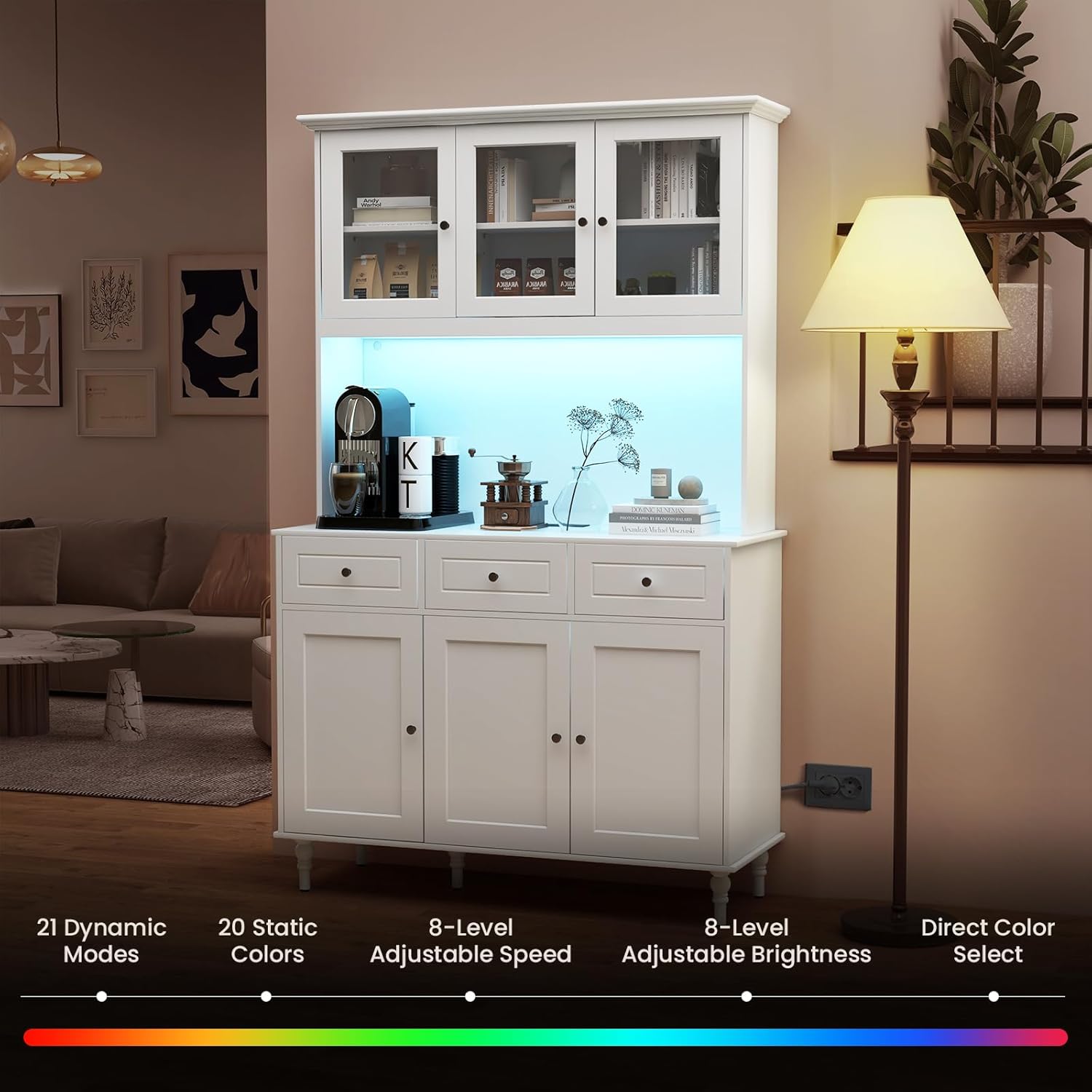 77" Large Kitchen Hutch with Charging Station, LED Pantry Cabinet with Microwave Shelf, Tall Cupboard with 4 Adjustable Shelves, 3 Drawers & Glass Doors, Dining Room Buffet with Hutch, White