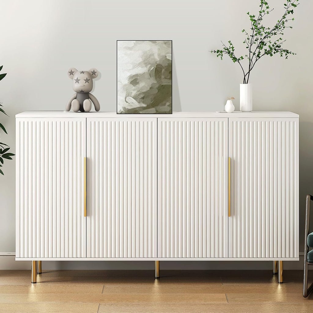 Sideboard Cabinet, 56" Large Buffet with Storage, Wood Credenza with 4 Fluted Doors and Adjustable Shelves, for Living Room, Kitchen, Entryway, White