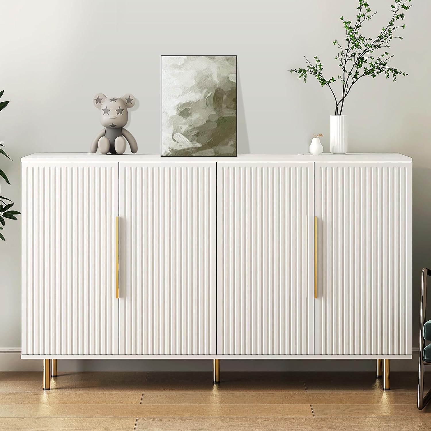Sideboard Cabinet, 56" Large Buffet with Storage, Wood Credenza with 4 Fluted Doors and Adjustable Shelves, for Living Room, Kitchen, Entryway, White