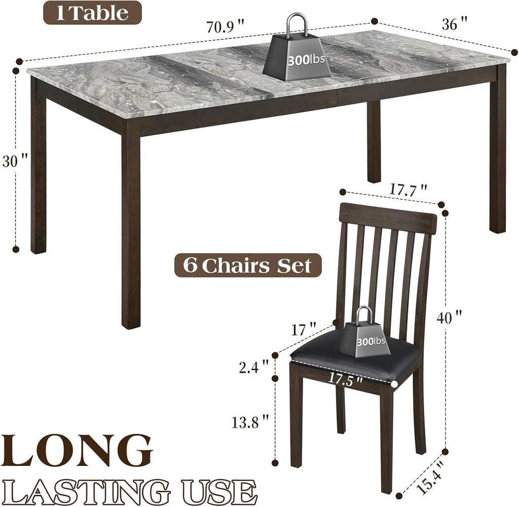 LUXOAK 7-Piece Wood Dining Table Set with Faux Marble Tabletop, Dark Brown | 71" Kitchen Table with 6 Chairs, Curved Backrests & PU Cushioned Seats, Perfect for Dining Room & Living Room