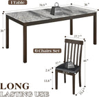 LUXOAK 7-Piece Wood Dining Table Set with Faux Marble Tabletop, Dark Brown | 71" Kitchen Table with 6 Chairs, Curved Backrests & PU Cushioned Seats, Perfect for Dining Room & Living Room