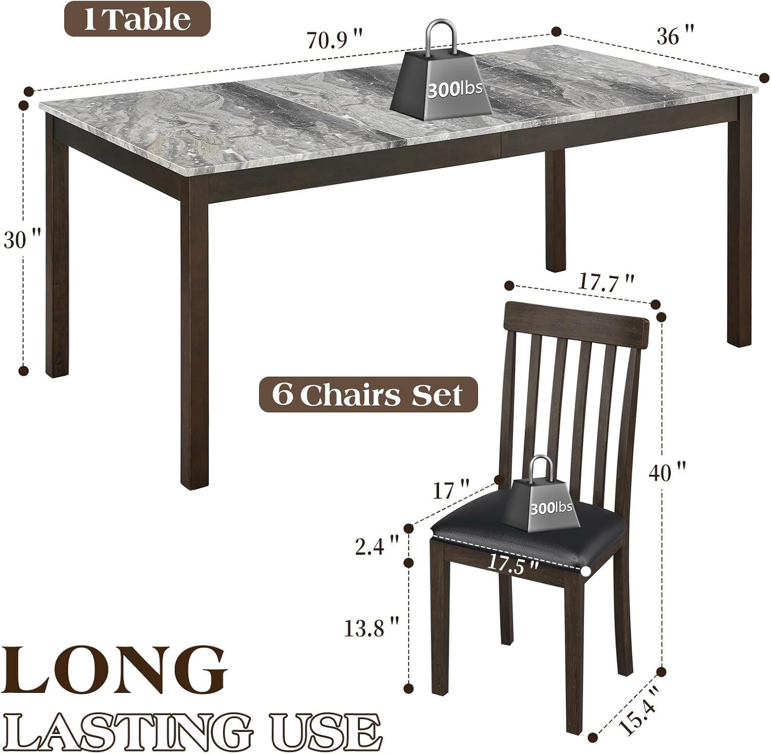LUXOAK 7-Piece Wood Dining Table Set with Faux Marble Tabletop, Dark Brown | 71" Kitchen Table with 6 Chairs, Curved Backrests & PU Cushioned Seats, Perfect for Dining Room & Living Room
