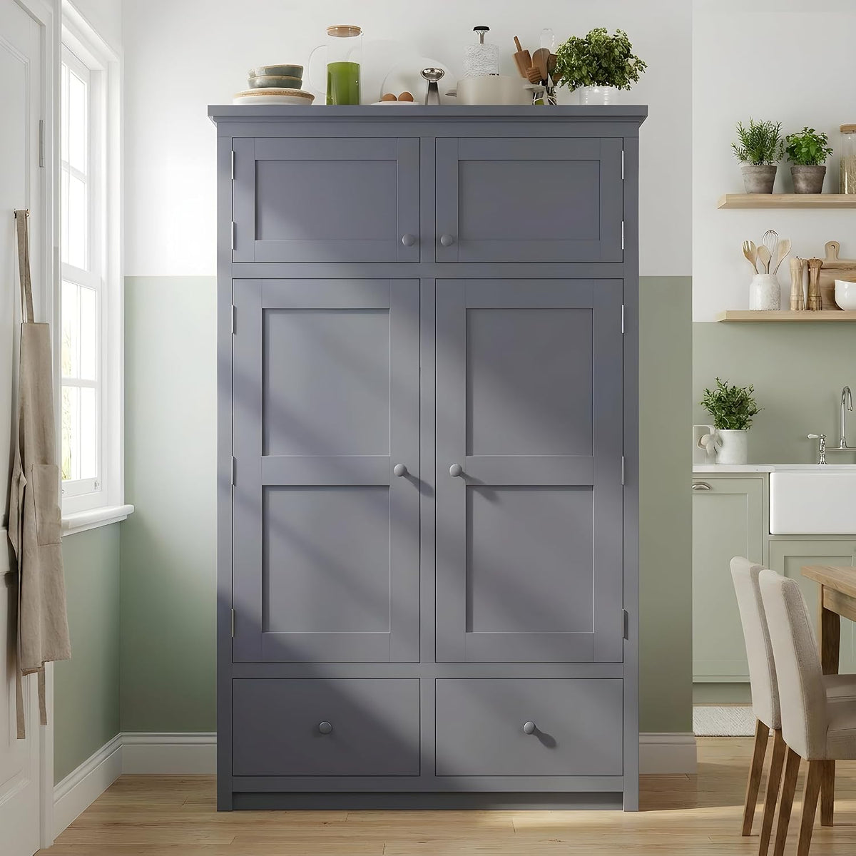 Freestanding Kitchen Pantry with Drawers, Shelves & Pull-out Trays,Gray | Freestanding tall unit with 8 door shelves, 4 pull-out trays, 6 drawers, gray finish, for dining room use