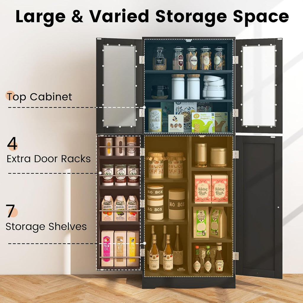 SlickBlue Tall Kitchen Pantry Cabinet with Tempered Glass Doors and Storage Shelves