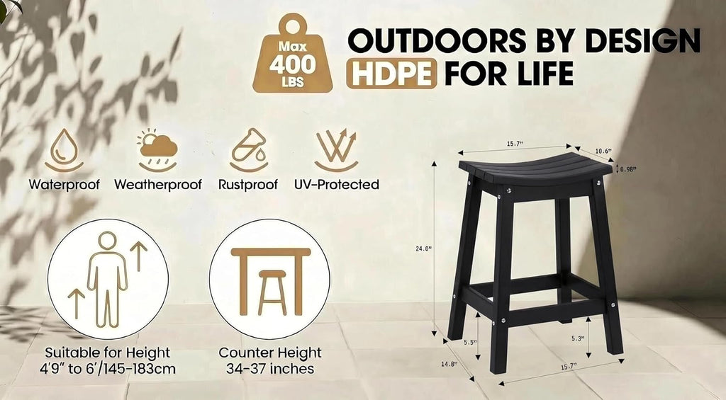 AMILY 24'' HDPE Bar Stool Set of 2, Weather Resistant Outdoor Bar Stools, Heavy Duty All-Weather Patio Stools for Poolside, Backyard, Balcony, Easy Assembly (Black)