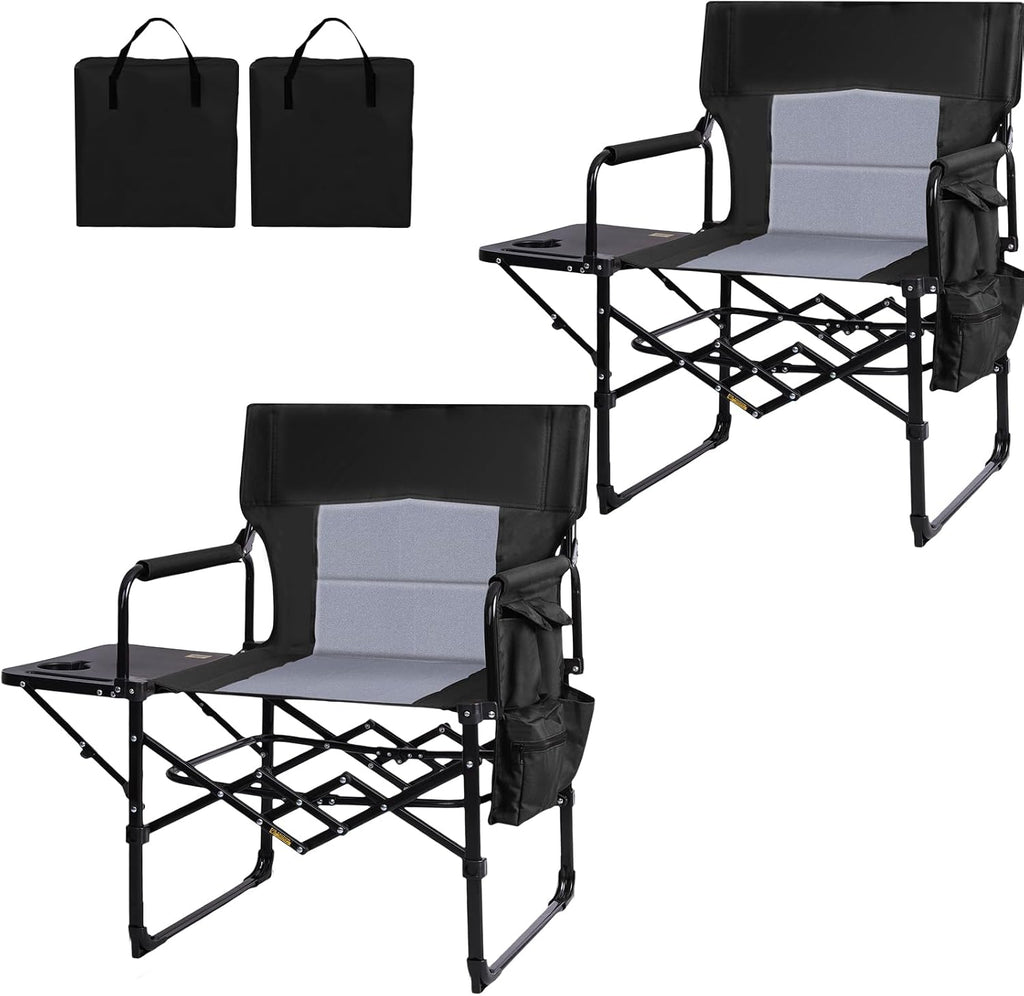 Romswi 2Pack Director Chairs for Outdoor, Folding Camping Chair, Compact Directors Chair Side Table and Side Bag, Heavy Duty Oversize Chair for Beach Fishing Picnic, Holds up to 400 lbs Black