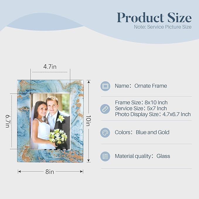 Cuspin 5x7 Blue Picture Frame, Luxury Blue and Gold Glass Wedding Frame 8x10 Marble Decorative Photo Frames for 5x7 Photos, Glamorous Elegant Frame for Tabletop, Gift, Home Office Display