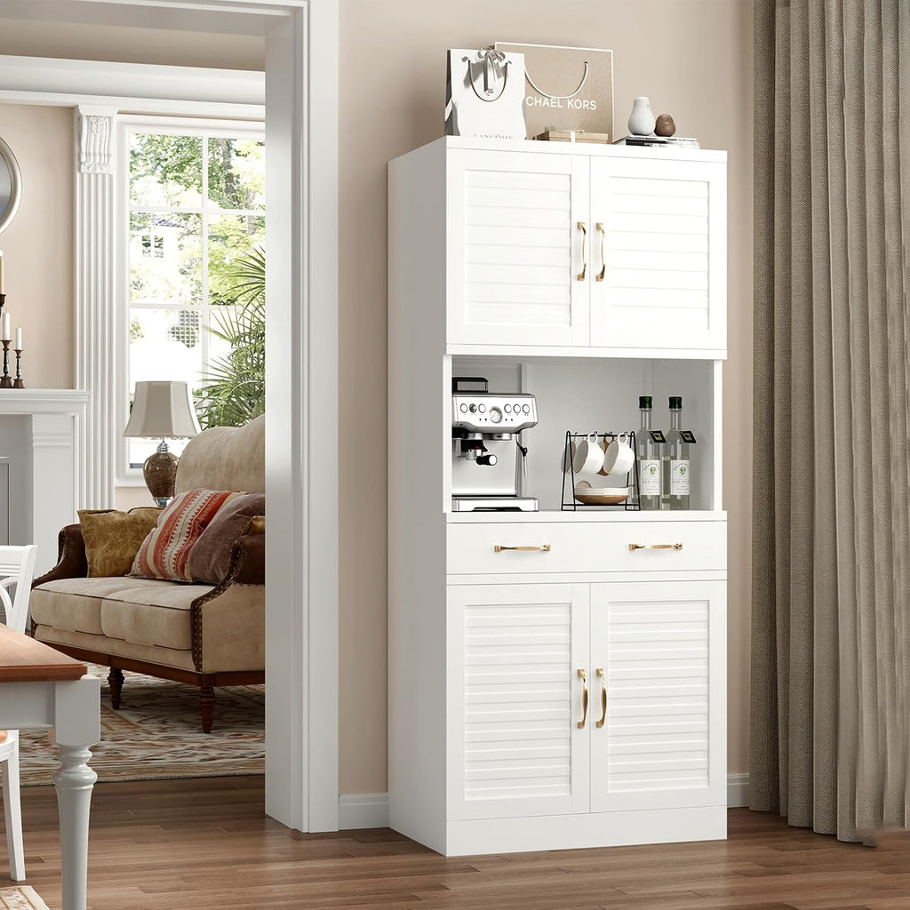 Tall Metal Pantry Cabinet with countertop & Drawer | Elegant Louvered Door Design with Modern Appeal,120 lb Adjustable Shelves with Steel Durability