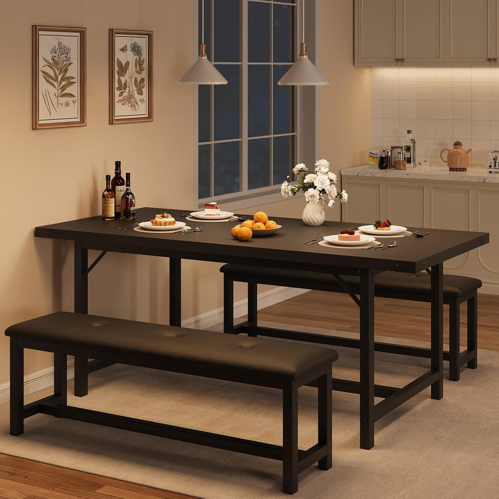 IDEALHOUSE 3 Piece Dining Table Set for 4-6, 63" Extendable Thick Metal Frame Kitchen Table with 2 Upholstered Benches Set for 6, Rectangle Wooden Dinette Table Set for Dining, Apartment, Retro Black