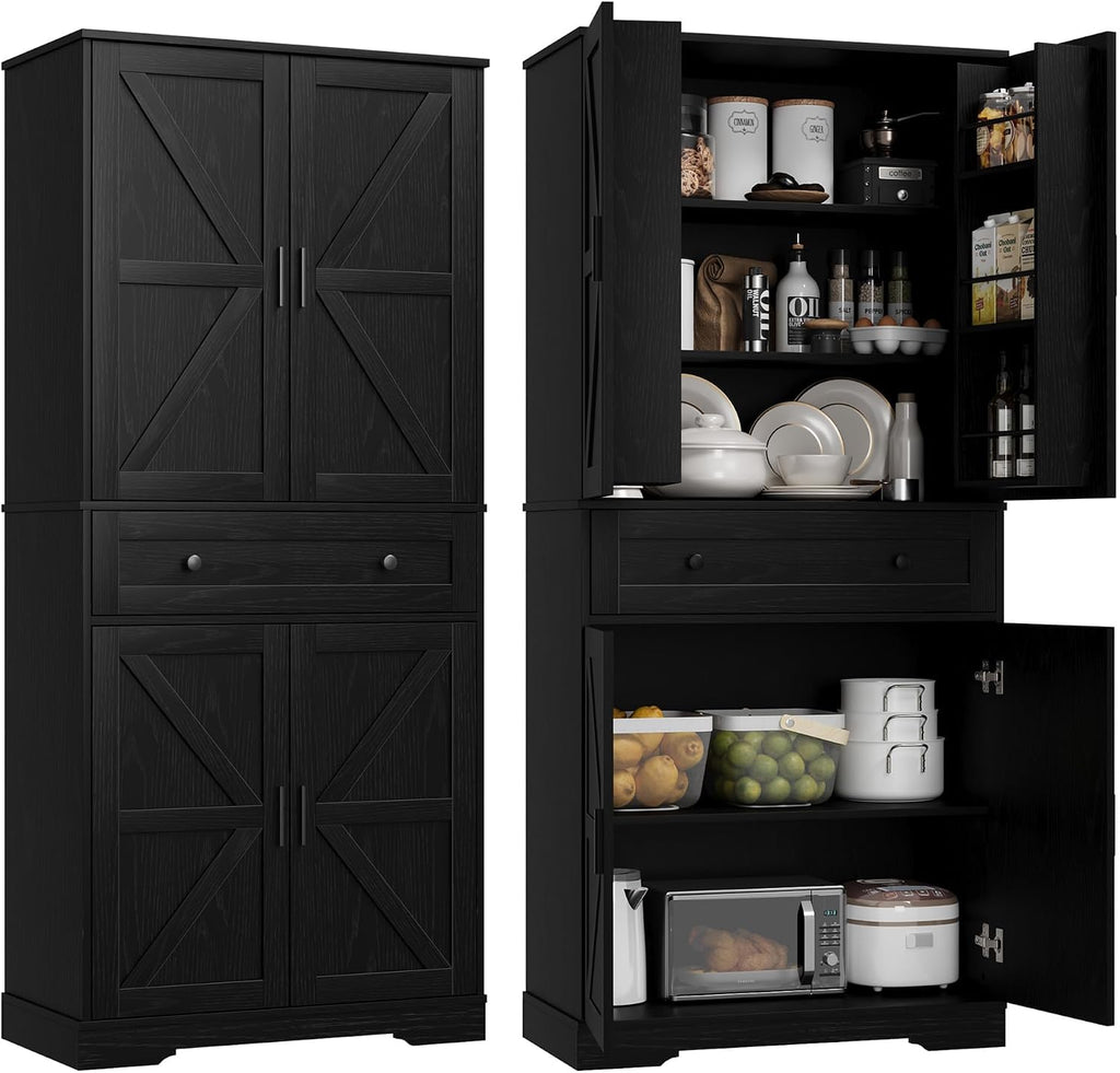 Garvee 71" Kitchen Pantry Cabinet, Barn Door Freestanding Cupboard with Drawer, Sliding Storage Rack, and 6 Hanging Shelves for Kitchen, Dining Room, Living Room Bedroom