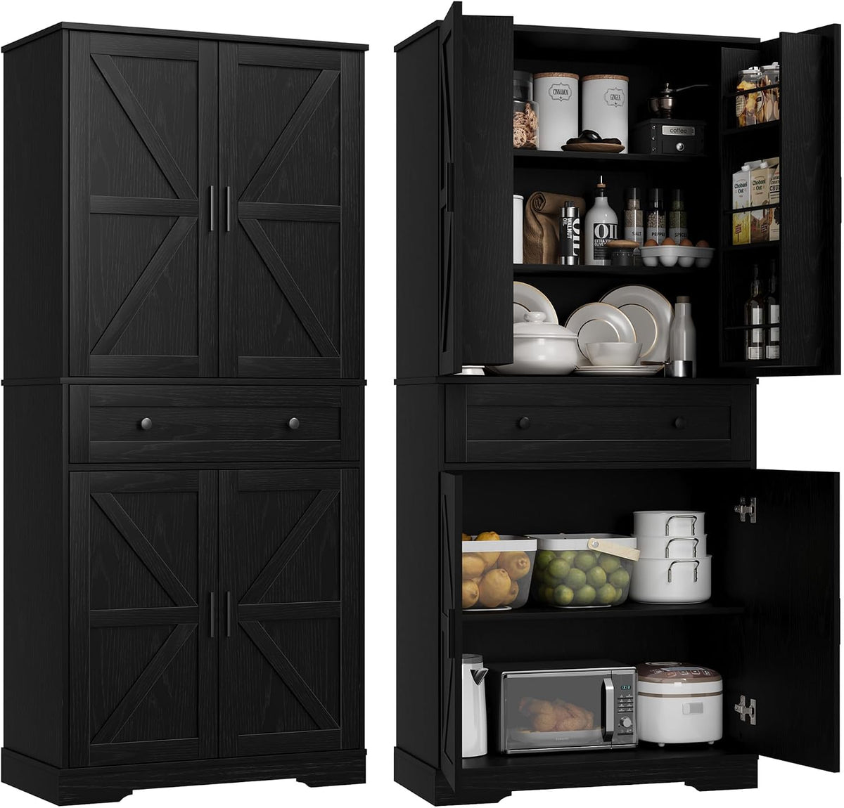 Garvee 71" Kitchen Pantry Cabinet, Barn Door Freestanding Cupboard with Drawer, Sliding Storage Rack, and 6 Hanging Shelves for Kitchen, Dining Room, Living Room Bedroom