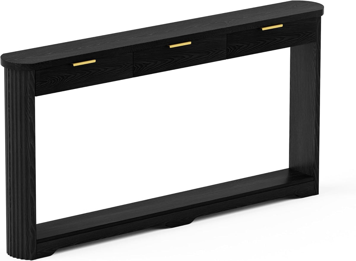 70" Slim Wooden Side Table, Wavy-Patterned Storage Table with 3 Drawers, Console Tables for Living Room, Entryway, Hallway, Sofa Tables Behind Sofa, Curved Arc Design, Modern Style, Black