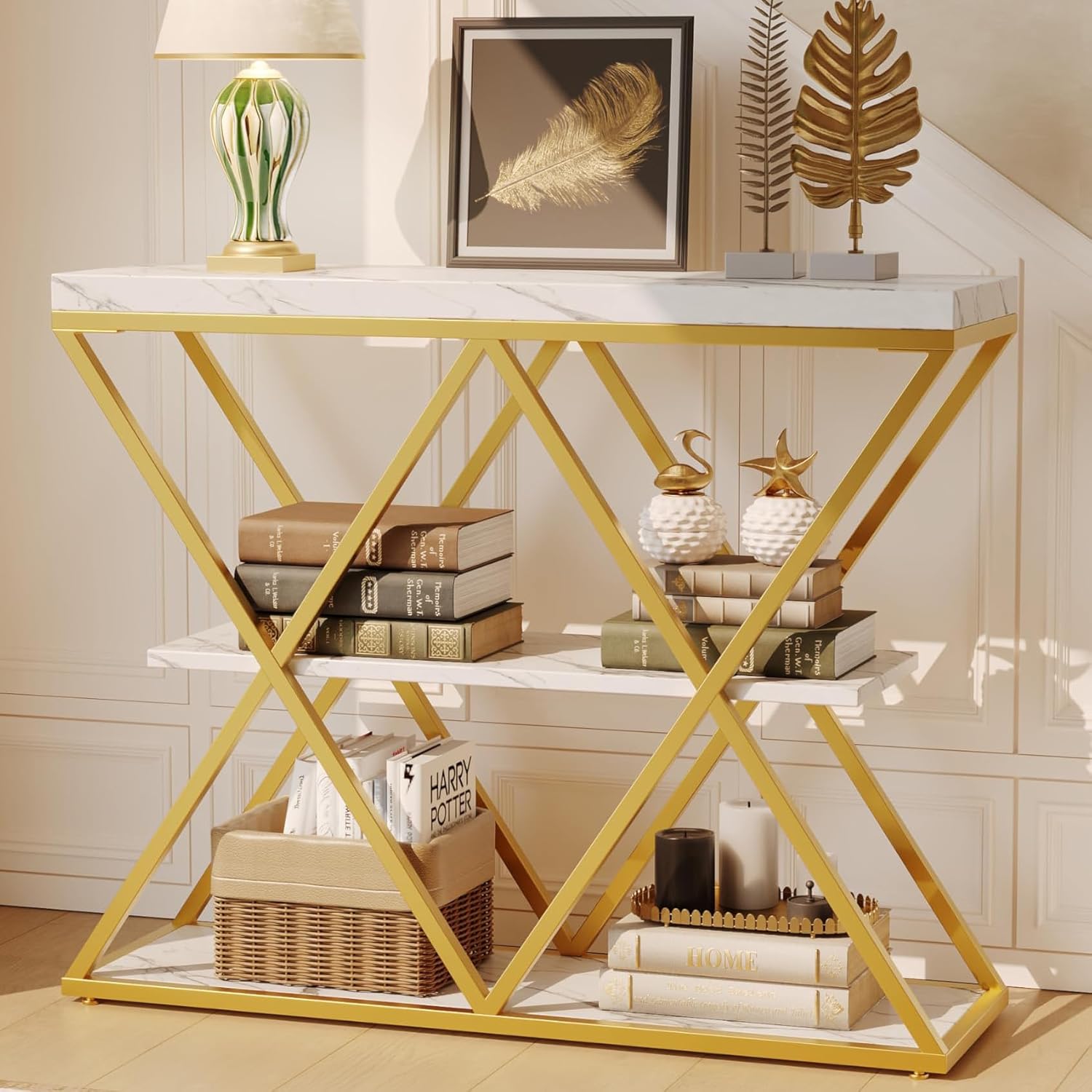Garvee 3 Tier Console Table with Open Wood Shelves,39" Industrial Entryway Table,Sofa Table,Narrow Wood Accent Tables with Metal Frame for Hallway,Living Room,Behind Couch,Foyer,Entrance,White