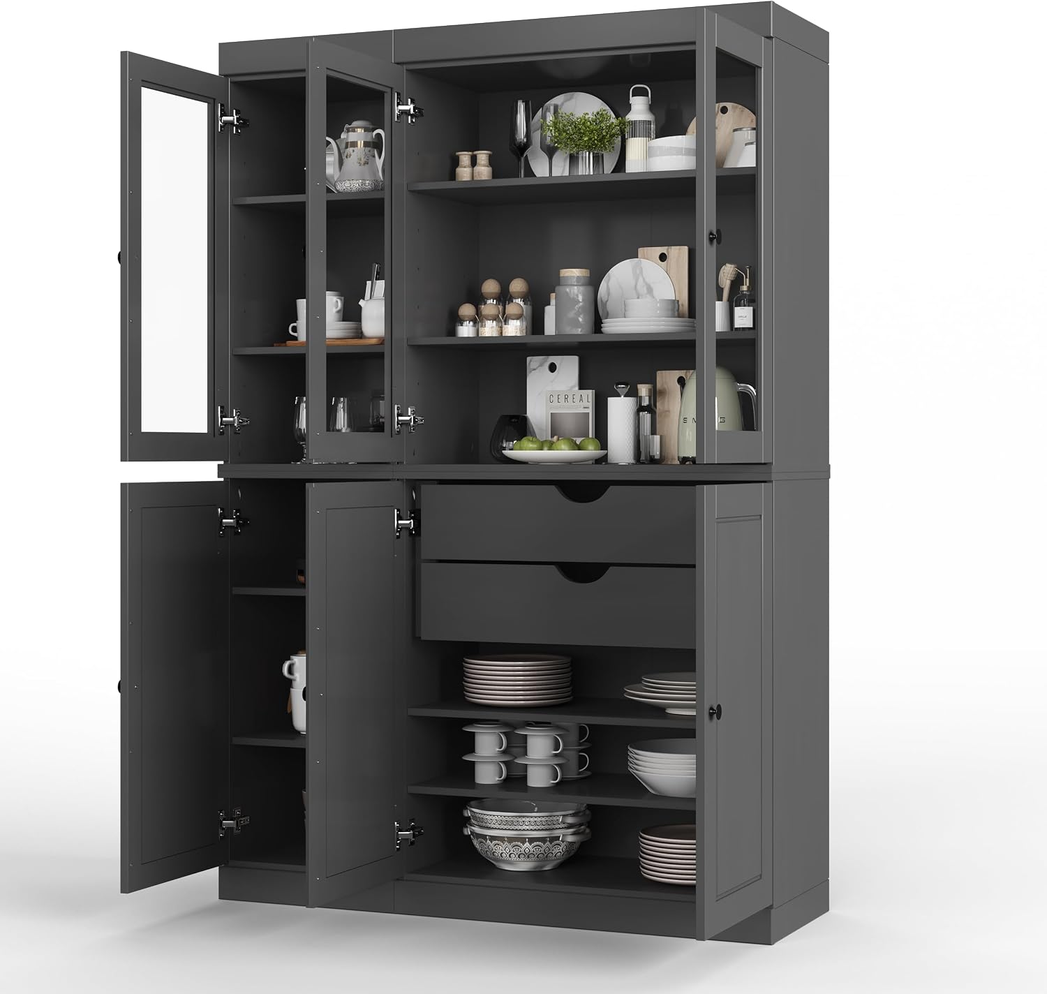 Palace Imports 100% Solid 2-Drawer Pantry, 3 Glass & 3 Wood Doors, Gray, 48.5" w, Renewable Eco-Friendly Wood, Made in Brazil