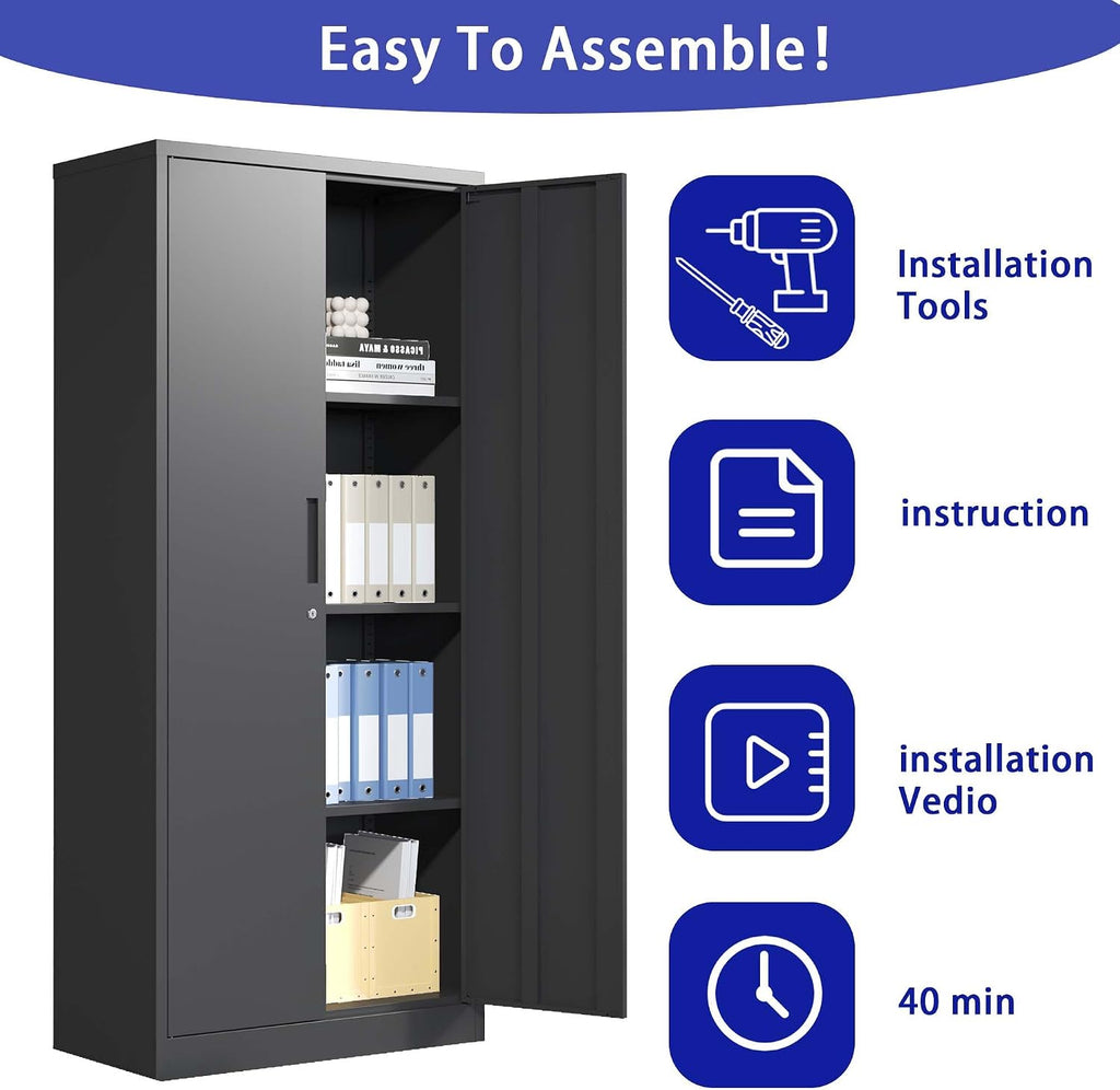 Lockable Cabinet Metal Storage Cabinet, 69" Locking Metal Storage Cabinet with 3 Adjustable Shelves,Black Metal Cabinet with 2 Doors and Lock for Office, Garage, Home (Black, 69")