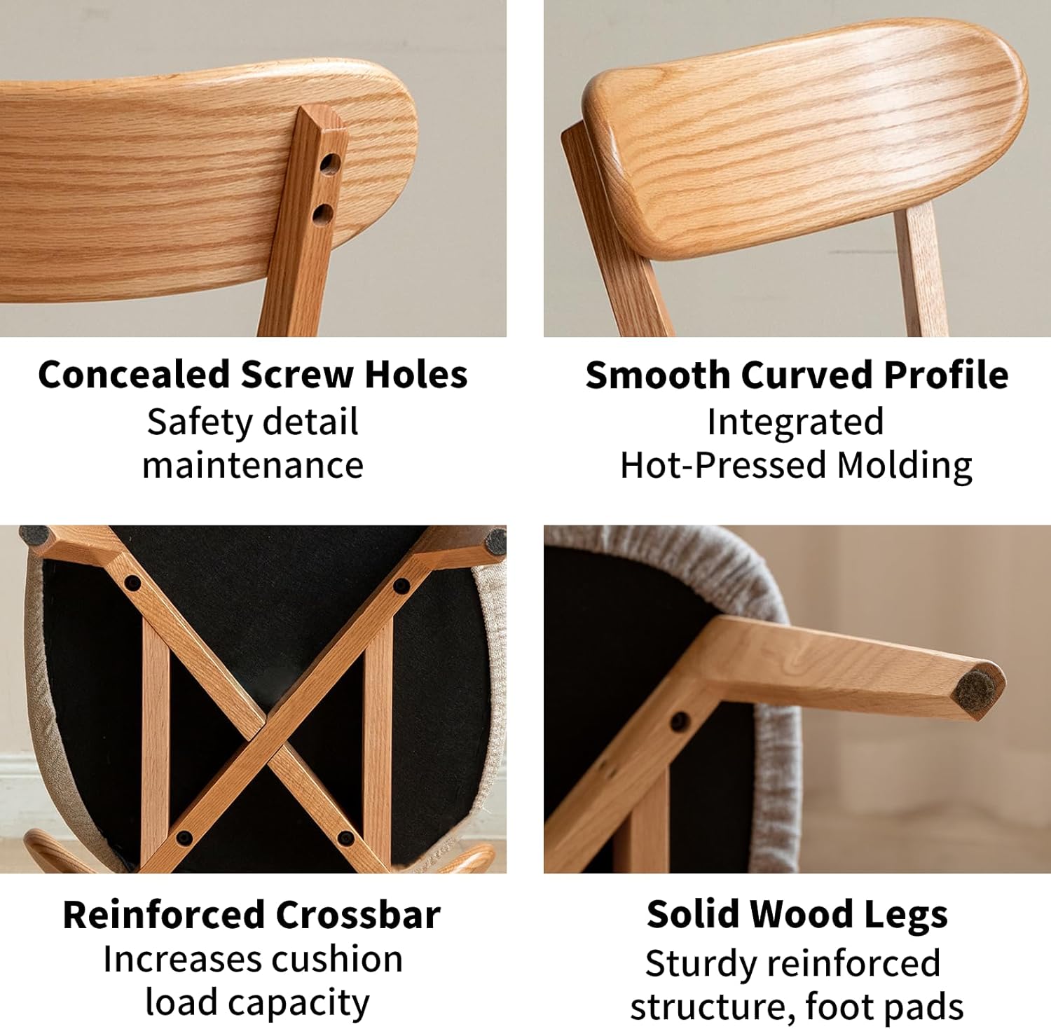 Solid Oak Curved Back Dining Chairs Set of 8, Armless, Upholstered Seat, Mid-Century Modern, 400 lbs Capacity for Dining Room, Kitchen & Restaurant