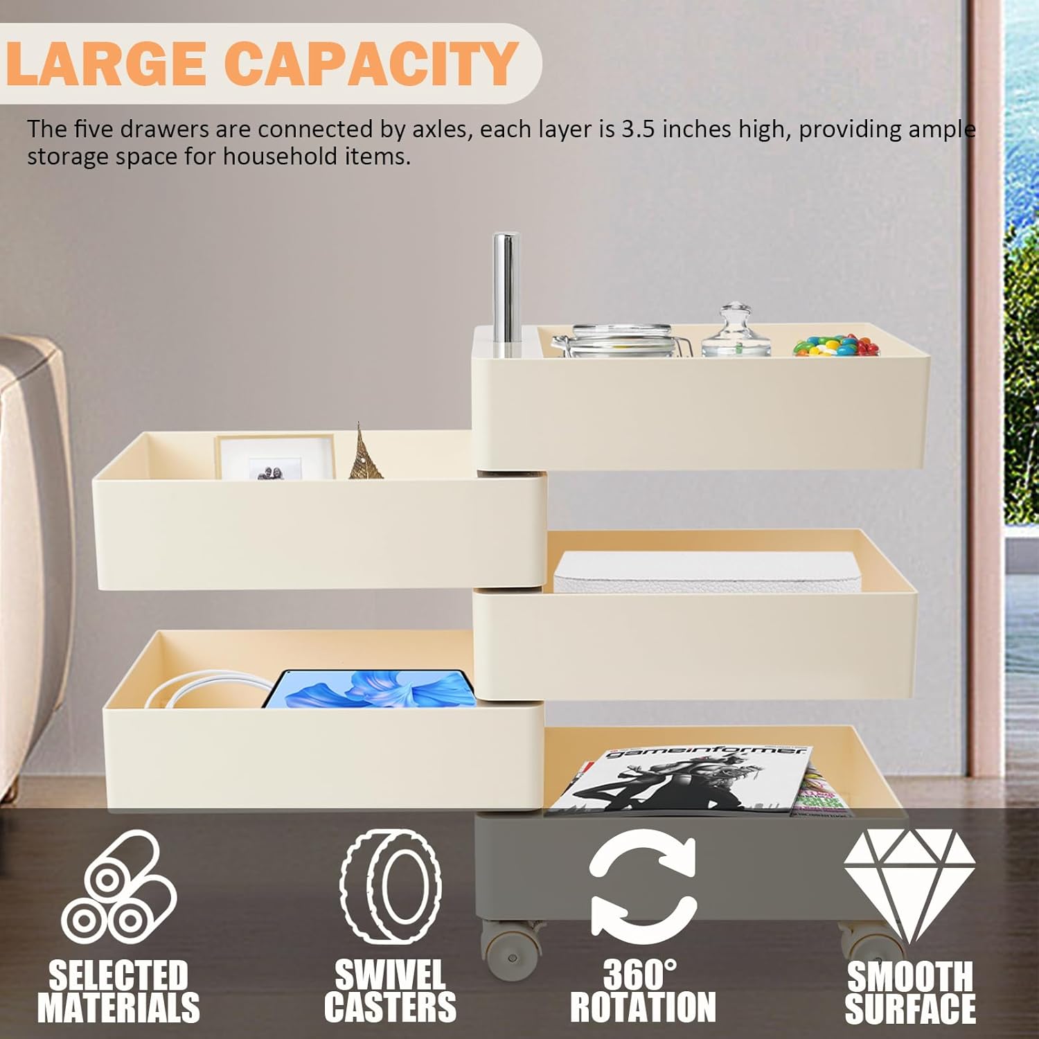 360° Movable Rotating Storage End Table Sofa Side Cabinet Laptop Bedside Table with 5 Tiers Shelves 4 Universal Casters for Living Room Bedroom Sofa Dormitory, White