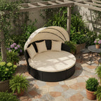 Tangkula Outdoor Patio Round Daybed with Retractable Canopy, Black Rattan Wicker Furniture Sectional Seating with Cushions and Throw Pillows, Seating Separates Cushioned Seats for Backyard (Brown)