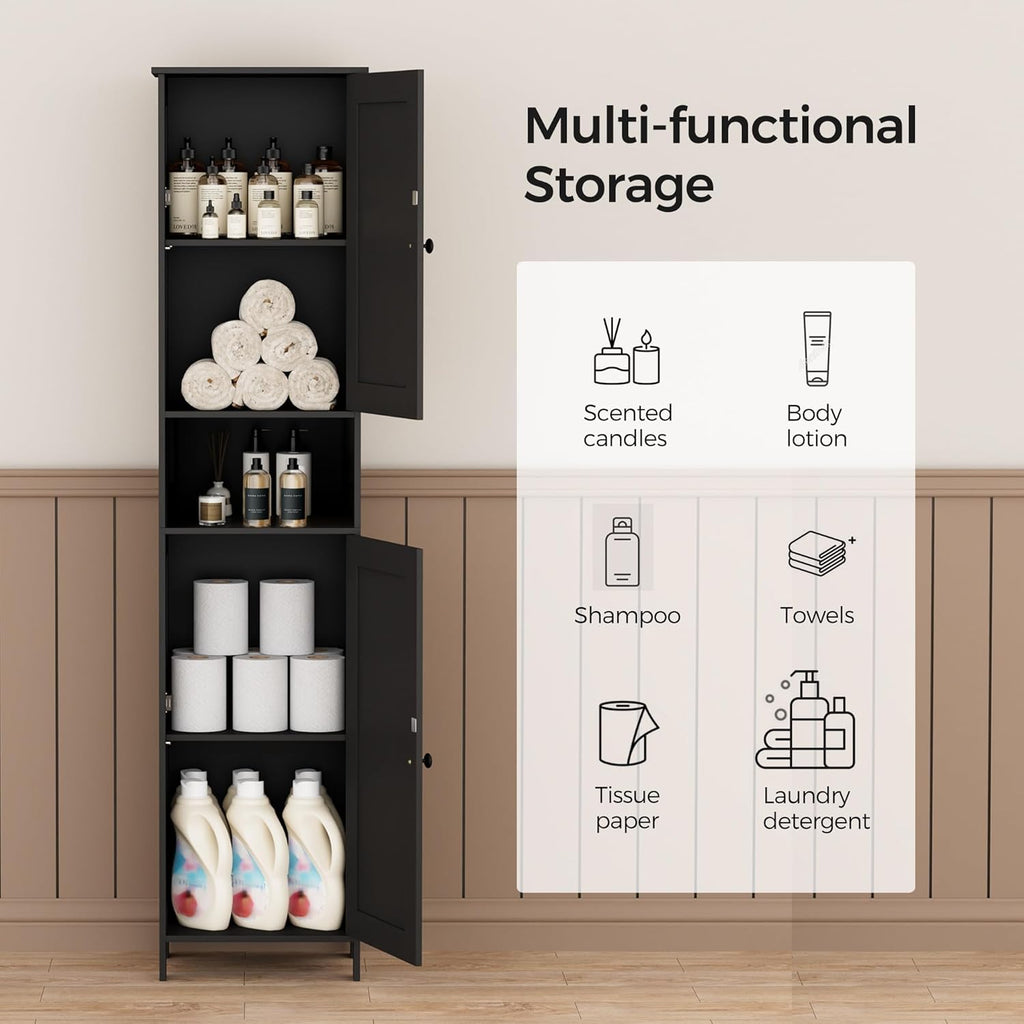 Homleke Tall Bathroom Storage Cabinet with 2 Doors, 67"H Narrow Storage Cabinet with Adjustable Shelves& Anti-Tip Design, Reversible Door Installation, Easy Assembly, 11.8 x 15.7 x 66.9 Inches, Black