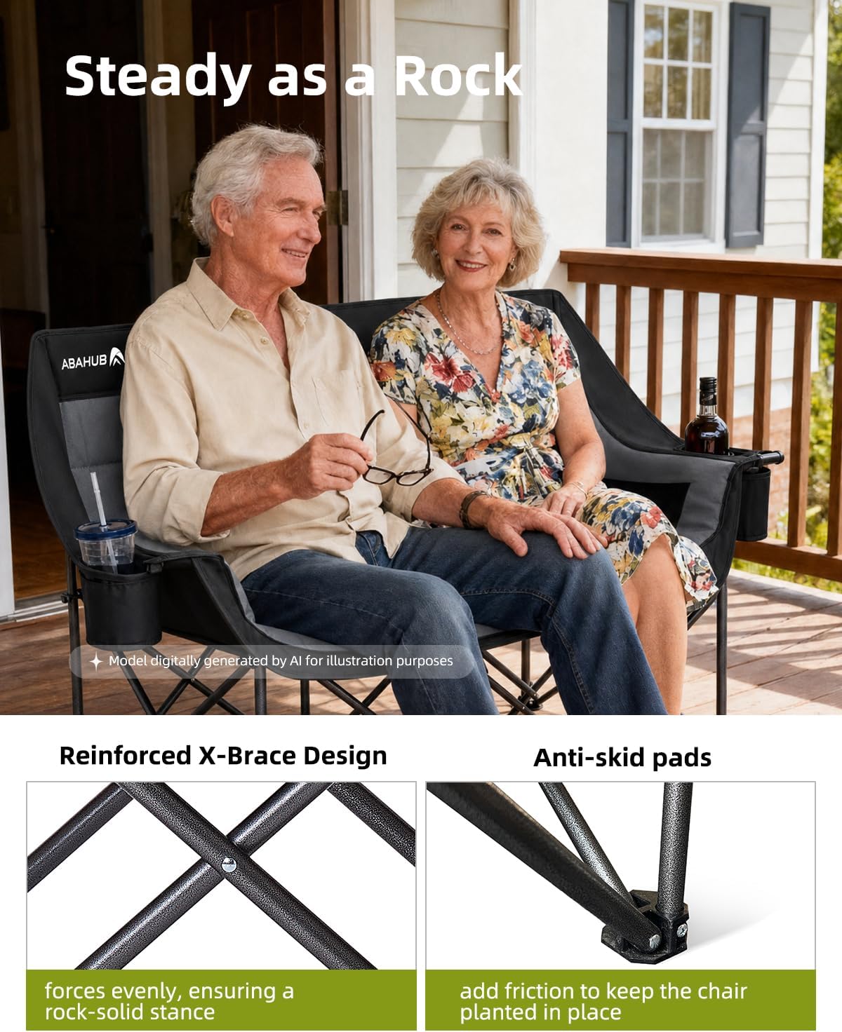 Abahub 2-Person Folding Camping Chair Loveseat Couch Chairs, 650 LBS Portable Quad Fold for Outdoor Camping, Lawn, Backyard, Patio, Tailgating, Sports, Soccer Games & Beach Days Black Grey